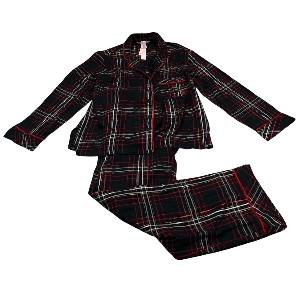 Victorias Secret Flannel Short PJ Set Womens Small Black Red Plaid